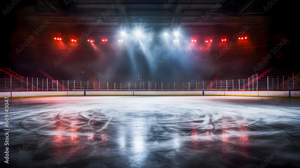 Empty ice hockey arena with red spotlighting. - obrazy, fototapety, plakaty 