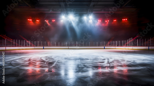 Empty ice hockey arena with red spotlighting. photo