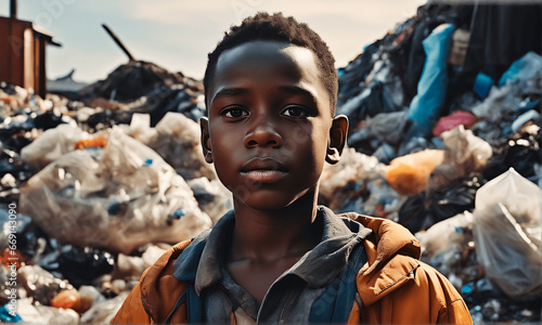 Portrait of a black boy wearing old worn-out clothes in front of a garbage dump. Concept of poverty, child labor and pollution.