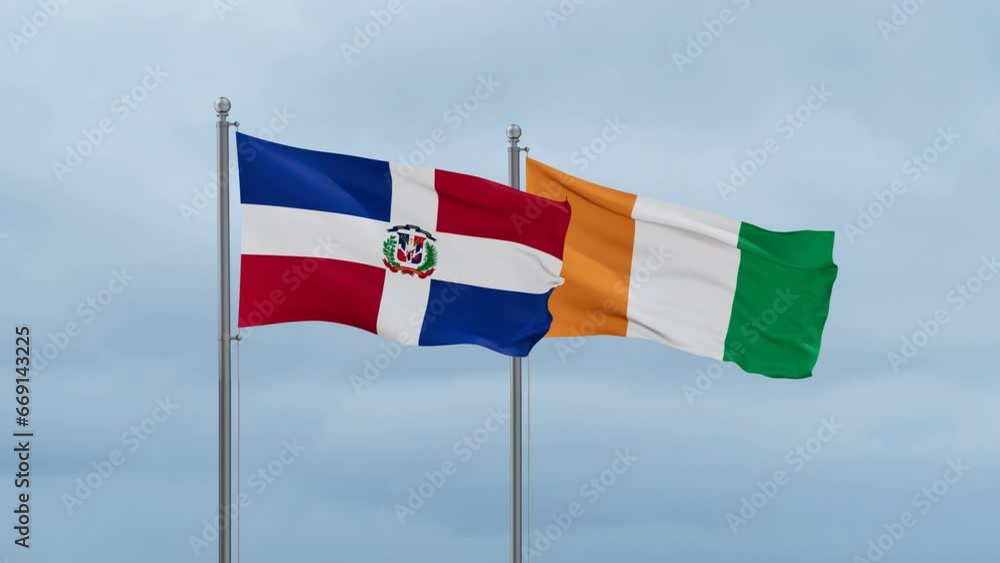 Ivory Coast or Cote d'Ivoire and Dominican flag waving together on cloudy sky, endless seamless loop, two country cooperation concept Ivory Coast or Cote d'Ivoire and Dominican flag waving together on cloudy sky, endless seamless loop, two country cooperation concept