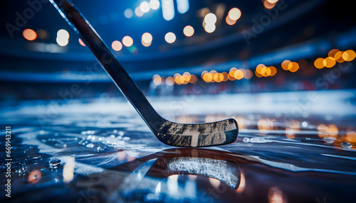 Ice hockey stick on ice close-up.
