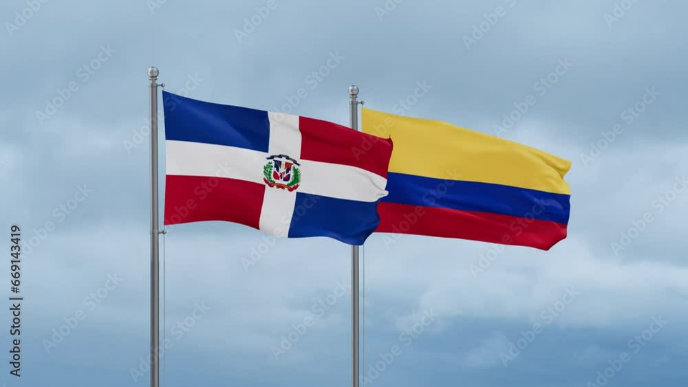 Colombia and Dominican flag waving together on cloudy sky, endless seamless loop, two country cooperation concept Colombia and Dominican flag waving together on cloudy sky, endless seamless loop, two country cooperation concept