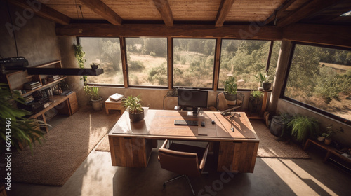 Modern interior in a cozy and rustic cabin nestled in a beautiful natural tree. Wooden table with accessories, A desktop monitor with keyboard on table © Tanveer