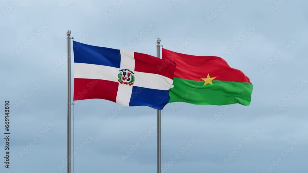 Burkina Faso flag and Dominican flag waving together on cloudy sky, endless seamless loop, two country relations concept Burkina Faso flag and Dominican flag waving together on cloudy sky, endless seamless loop, two country relations concept