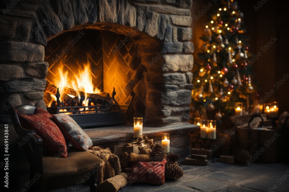 A close-up of a crackling fireplace, with stockings hung by the chimney and a comfortable chair for a cozy Christmas evening. Generative Ai A close-up of a crackling fireplace, with stockings hung by the chimney and a comfortable chair for a cozy Christmas evening. Generative Ai