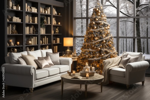 A cozy living room adorned with Christmas decorations and a beautifully decorated tree, ideal for marketing holiday home decor. Generative Ai