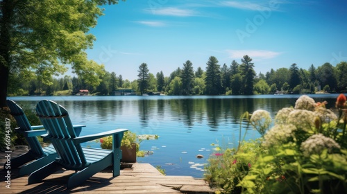 Wooden bench by the beautiful lake, empty wooden chairs retiree leisure time.