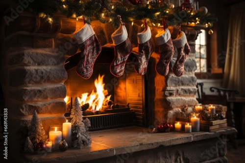 A close-up of a crackling fireplace, with stockings hung by the chimney and a comfortable chair for a cozy Christmas evening. Generative Ai