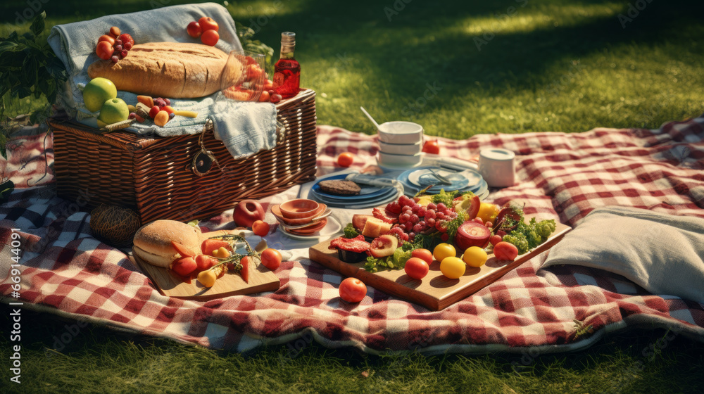 A picnic blanket spread out on a lawn, with a basket of food beside it A picnic blanket spread out on a lawn, with a basket of food beside it