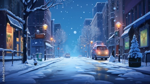 Outdoor view of urban street at night during snow season