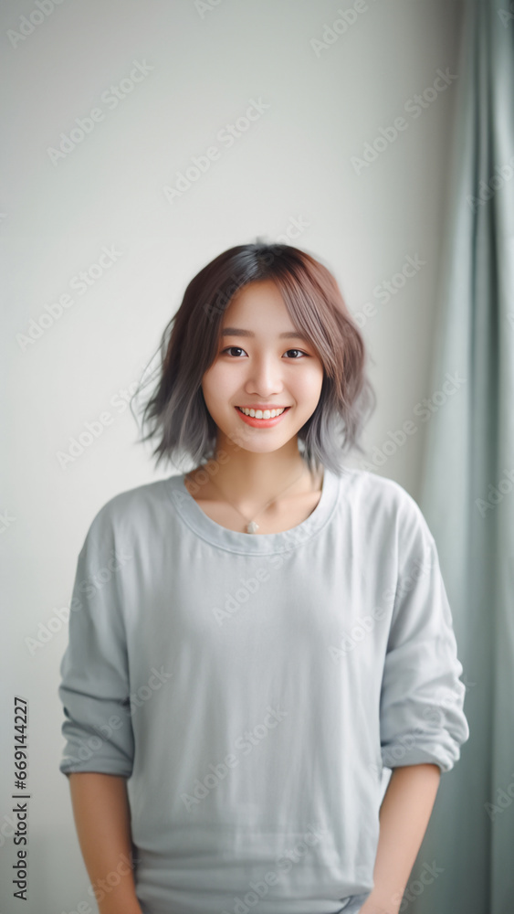 An Asian girl with captivating big eyes, a short bobtail hairstyle, and a subtle smile exudes cuteness and innocence against a semi desaturated gray backdrop. Generative AI. An Asian girl with captivating big eyes, a short bobtail hairstyle, and a subtle smile exudes cuteness and innocence against a semi desaturated gray backdrop. Generative AI.