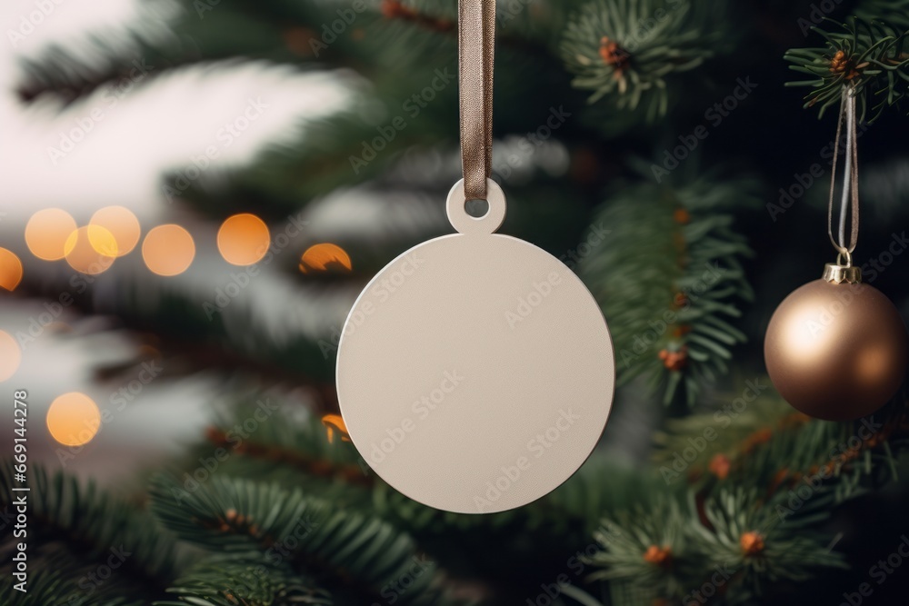 Blank wooden, round Christmas ornament hanging on a ribbon for mock up