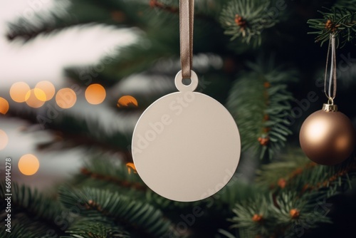 Obraz na płótnie Blank wooden, round Christmas ornament hanging on a ribbon for mock up w salonie