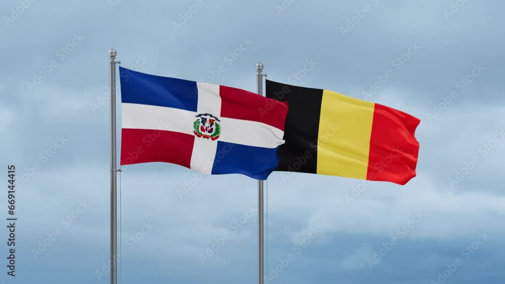 Belgium flag and Dominican flag waving together on cloudy sky, endless seamless loop, two country relations concept Belgium flag and Dominican flag waving together on cloudy sky, endless seamless loop, two country relations concept