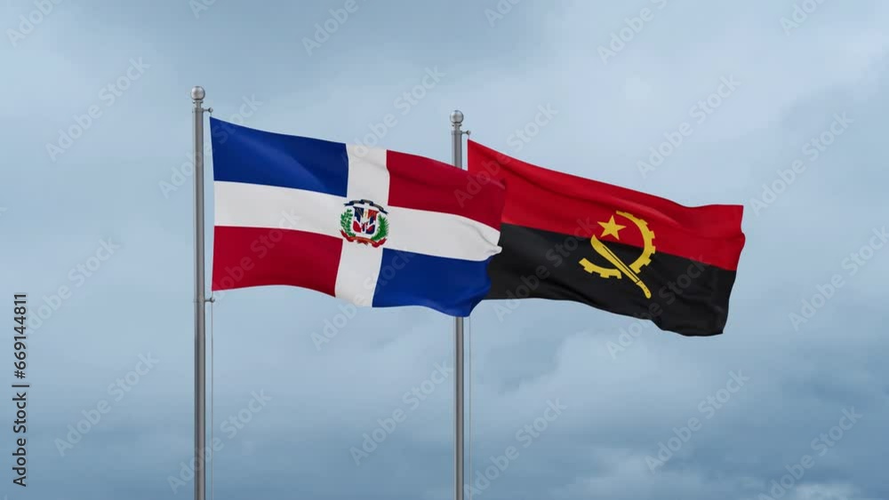 Dominican flag and Angola flag waving together on cloudy sky, endless seamless loop Dominican flag and Angola flag waving together on cloudy sky, endless seamless loop