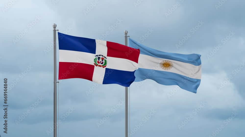 Argentina flag and Dominican flag waving together on cloudy sky, endless seamless loop, two country relations concept Argentina flag and Dominican flag waving together on cloudy sky, endless seamless loop, two country relations concept