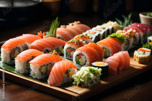 A plate of fresh sushi and gimbap rolls with salmon and seafood.