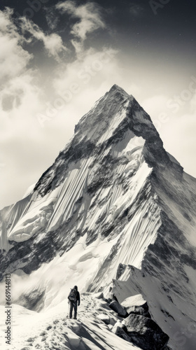 Beautiful black and white image of a mountaineer climbing on the snowy side of a mountain.