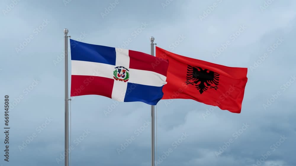 Dominican flag and Albania flag waving together on cloudy sky, endless seamless loop Dominican flag and Albania flag waving together on cloudy sky, endless seamless loop