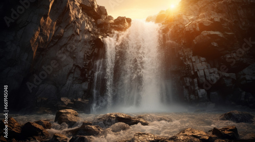 A peaceful waterfall cascades down a rocky cliff, its glistening droplets illuminated by the rays of the setting sun