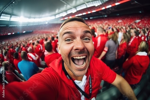Multi-ethnic group of men and women make funny faces for selfies to create memories. A gathered group of friends, men and women, pose in the stadium with smiles for selfies.