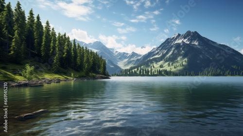 A peaceful  serene lake surrounded by tall evergreen trees and a mountain range in the background  with a few clouds in the sky