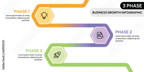 Hexagon shape loop zig zag infographics. 3 Step business process infographic concept.