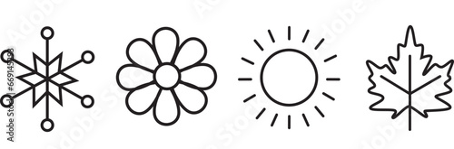 Line icons of snowflakes, flowers, sun and maple leaf on white background