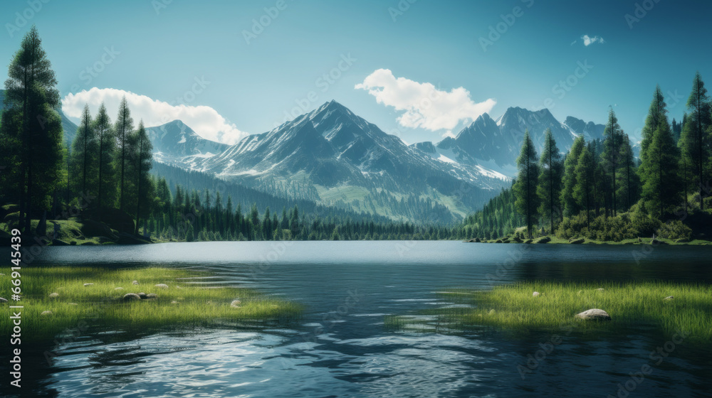 A peaceful, serene lake surrounded by tall evergreen trees and a mountain range in the background, with a few clouds in the sky