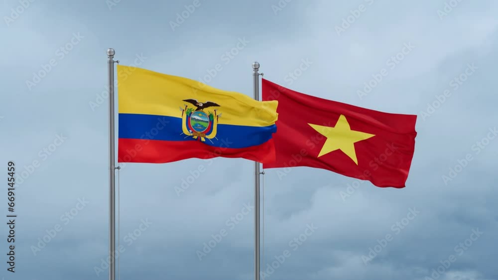 Vietnam and Ecuador flag waving together on cloudy sky, endless seamless loop Vietnam and Ecuador flag waving together on cloudy sky, endless seamless loop