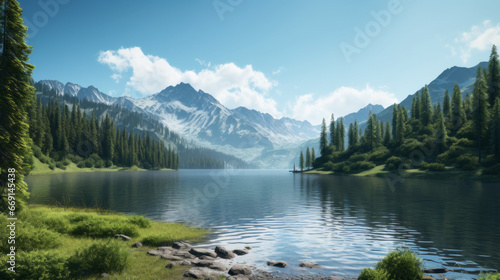A peaceful  serene lake surrounded by tall evergreen trees and a mountain range in the background  with a few clouds in the sky