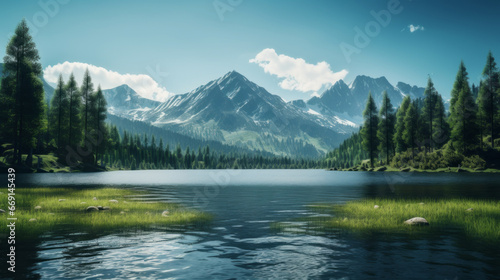 A peaceful, serene lake surrounded by tall evergreen trees and a mountain range in the background, with a few clouds in the sky