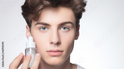 Young man using face serum. Advertising cosmetics for men on light grey background. Banner. photo