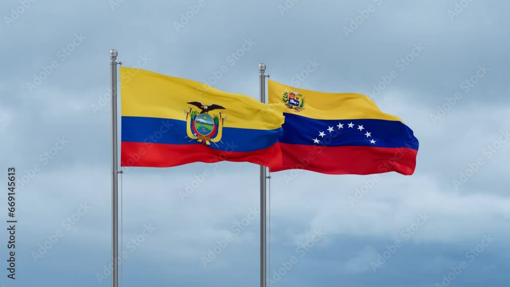 Venezuela and Ecuador flag waving together on cloudy sky, endless seamless loop Venezuela and Ecuador flag waving together on cloudy sky, endless seamless loop
