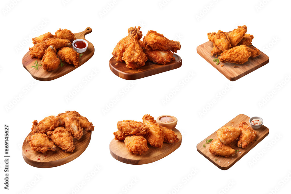 collection of crispy and tasty fried chicken on a wooden cutting board isolated on a transparent background - obrazy, fototapety, plakaty 