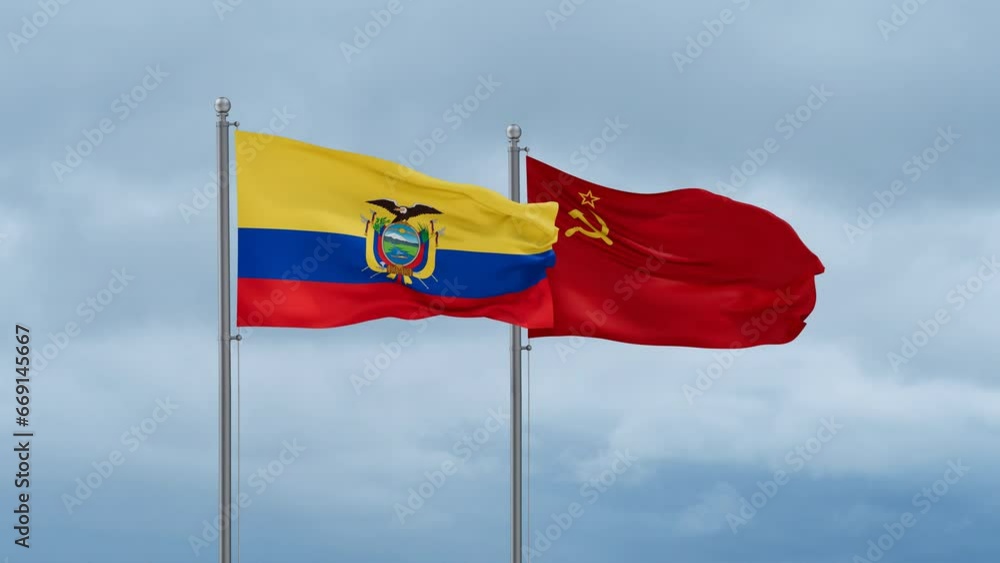 Soviet Union or USSR and Ecuador flag waving together on cloudy sky, endless seamless loop, two country cooperation concept Soviet Union or USSR and Ecuador flag waving together on cloudy sky, endless seamless loop, two country cooperation concept