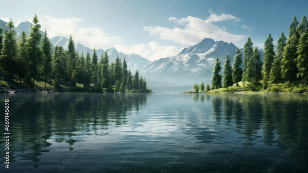 A peaceful, serene lake surrounded by tall evergreen trees and a mountain range in the background
