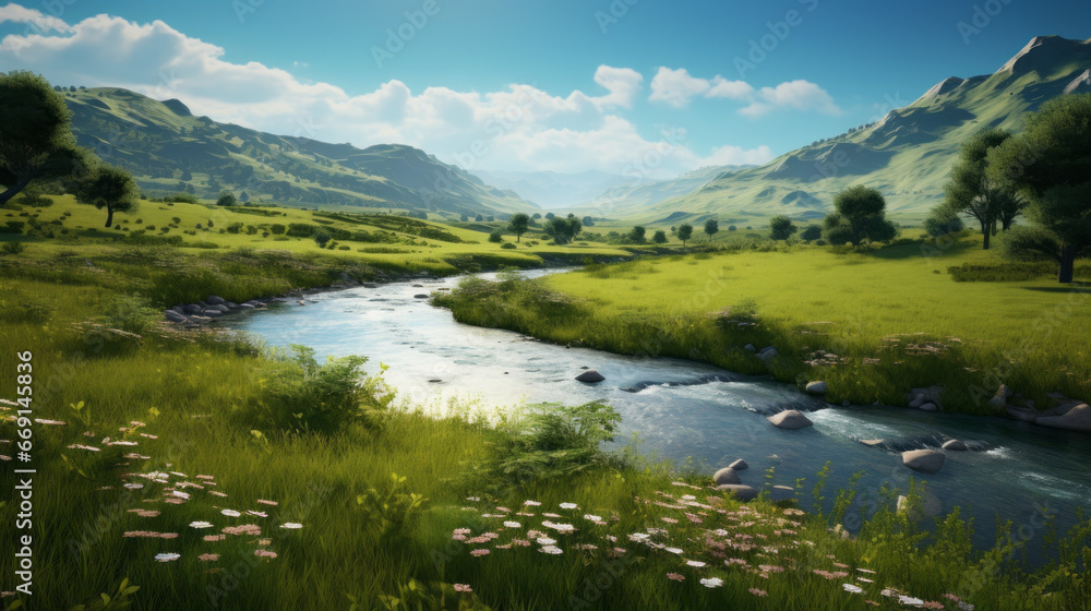  peaceful river, winding through a valley of rolling hills and lush vegetation