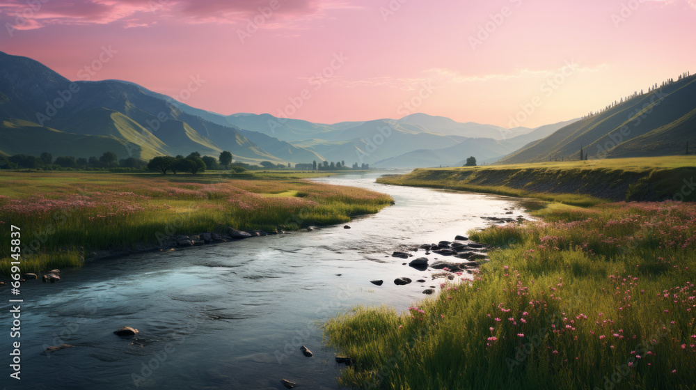 A peaceful river meanders through a landscape of lush green fields and towering mountains The sun is setting, painting the sky in shades of pink and orange