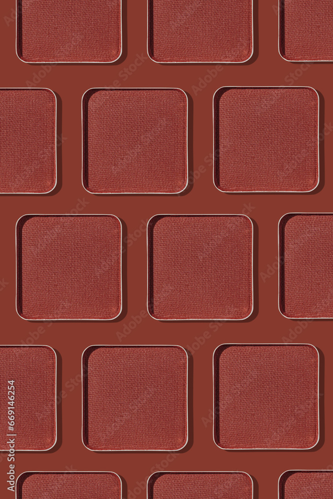Fototapeta premium Minimal pattern eye shadow intense rust trend color swatches with shadow, monochrome photo, compact refill eyeshadow, shiny colored powder fo makeup, square shape pack, beauty cosmetic texture,linear