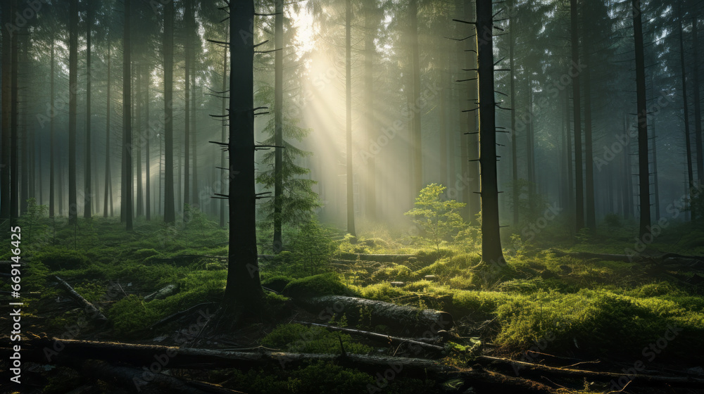 A peaceful, misty forest, with the sun filtering through the trees