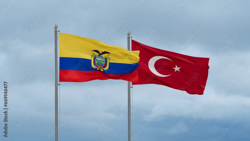 Republic of Turkey and Ecuador flag waving together on cloudy sky, endless seamless loop, two country cooperation concept Republic of Turkey and Ecuador flag waving together on cloudy sky, endless seamless loop, two country cooperation concept