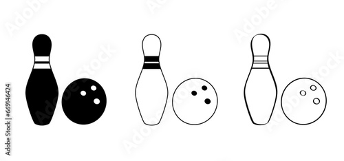 Cartoon bowling pin with stripes and bowling ball. Bowling strike idea. Sport or hobby game. Playing in a team, competition or tournament. Bowling pins and skittles. Play kegling team.