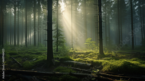 A peaceful  misty forest  with the sun filtering through the trees