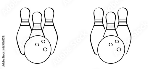 Cartoon bowling pin with stripes and bowling ball. Bowling strike idea. Sport or hobby game. Playing in a team, competition or tournament. Bowling pins and skittles. Play kegling team.