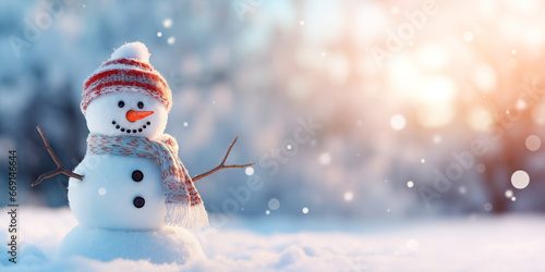 Merry Christmas and happy new year concept, Happy snowman standing in Christmas winter background, Copy space, generative ai