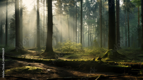 A peaceful  misty forest  with the sun filtering through the trees