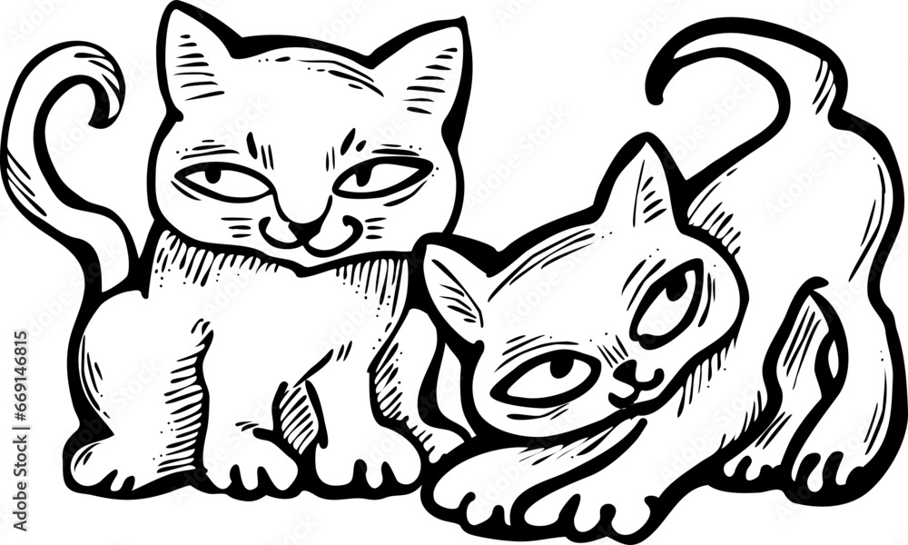 Cute cats friends sitting together. Decorative border, banner, postcard, poster print for kids room or birthday. Logo design for veterinary. Hand drawn illustration. Cartoon character vector drawing. Cute cats friends sitting together. Decorative border, banner, postcard, poster print for kids room or birthday. Logo design for veterinary. Hand drawn illustration. Cartoon character vector drawing.
