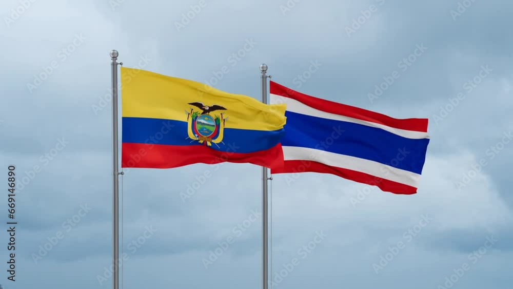 Kingdom of Thailand and Ecuador flag waving together on cloudy sky, endless seamless loop, two country cooperation concept Kingdom of Thailand and Ecuador flag waving together on cloudy sky, endless seamless loop, two country cooperation concept