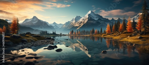 Fantastic lake panorama. Beautiful autumn sunset in the mountains. Natural beauty concept background.
